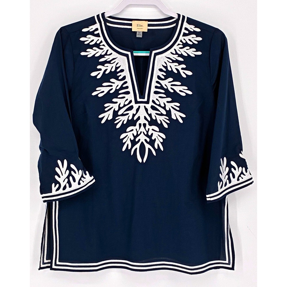 Elie Tahari Navy White Embroidered V-Neck 3/4 Sleeve Nautical Tunic Blouse L